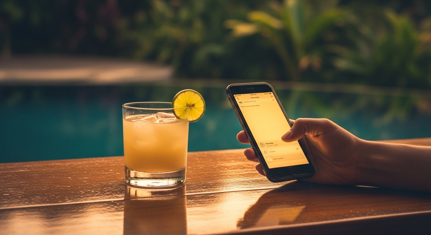 Hotel guest booking directly on a smartphone at a tropical hotel pool bar