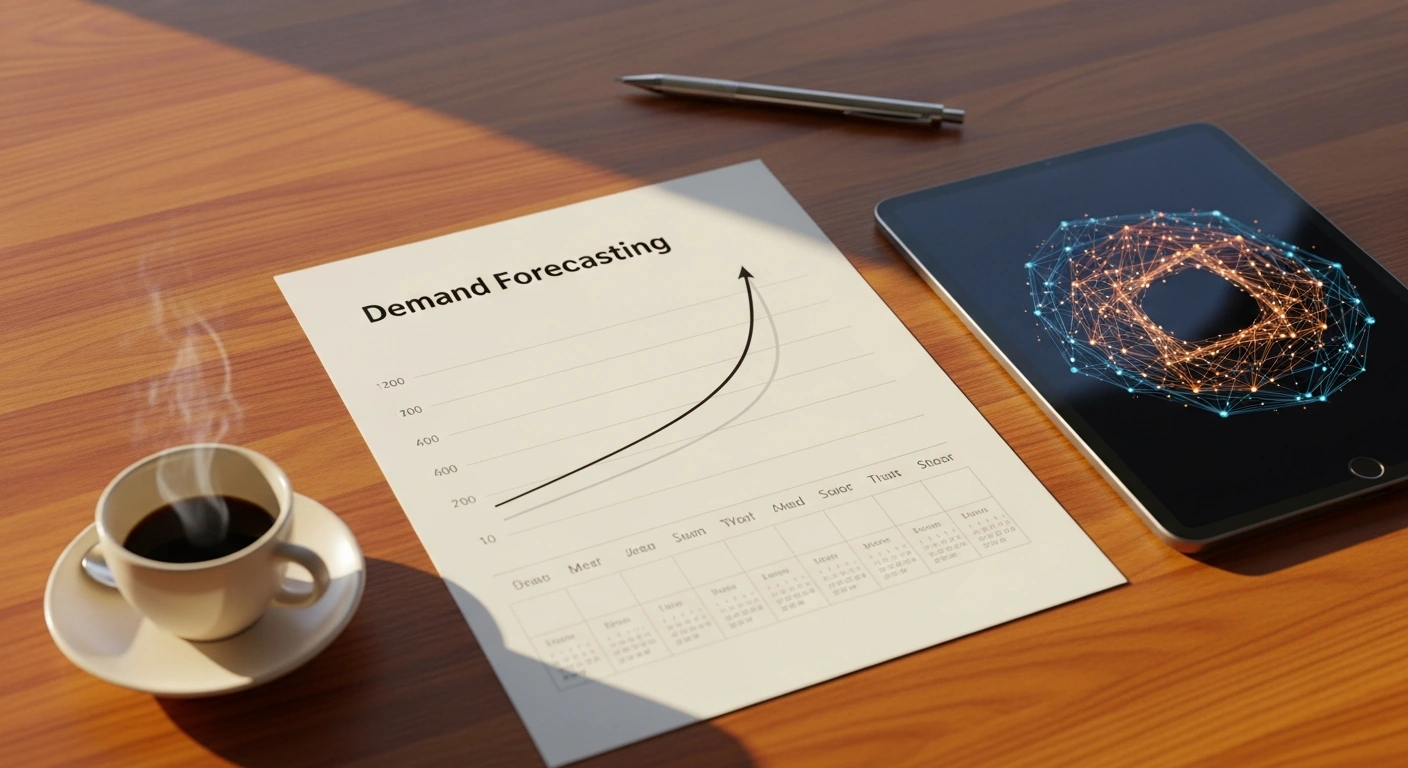 Hotel demand forecasting chart and data visualization on a warm wooden desk