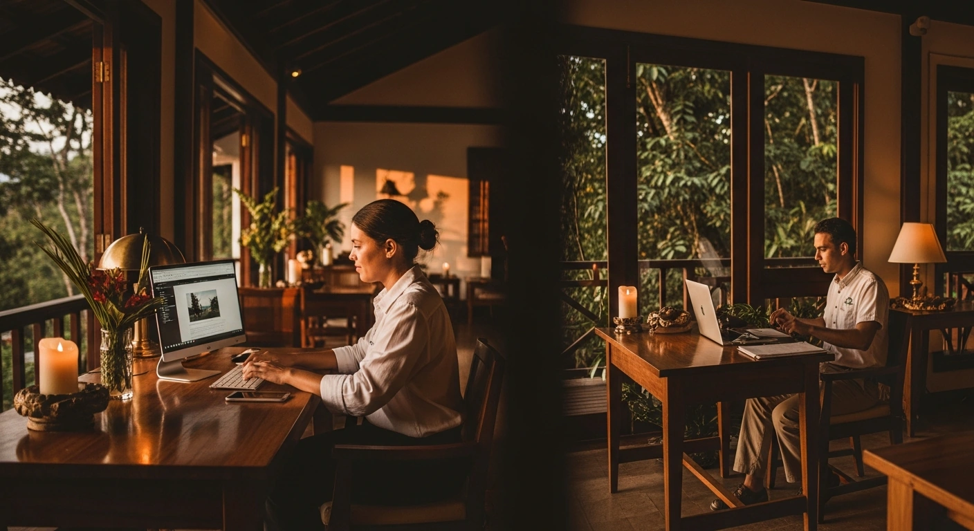 Hotel marketing professional working at a desk with a digital marketing dashboard on a large monitor
