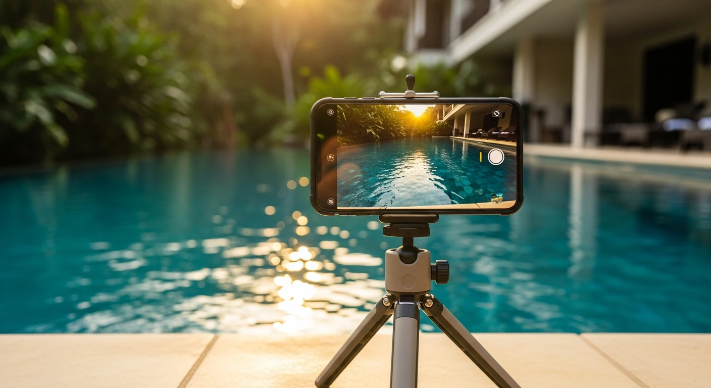 Smartphone on a tripod filming a hotel pool at golden hour for social media content