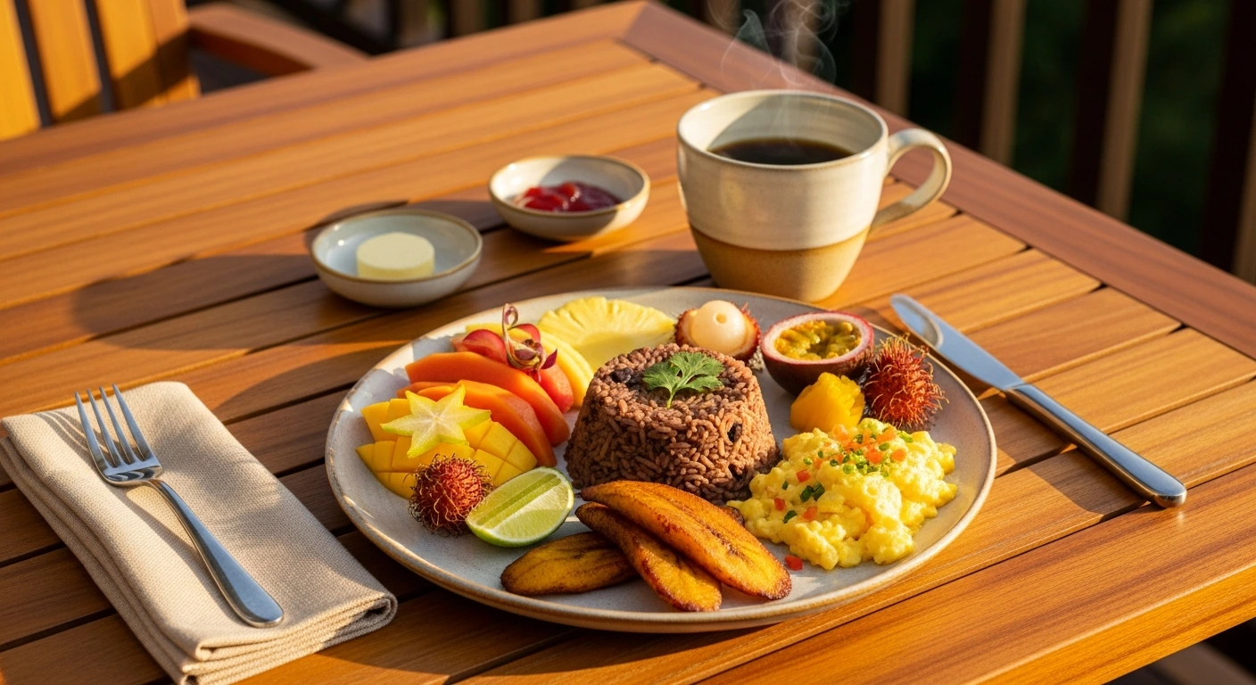 Elegantly plated hotel breakfast on a teak table on a tropical terrace in morning light